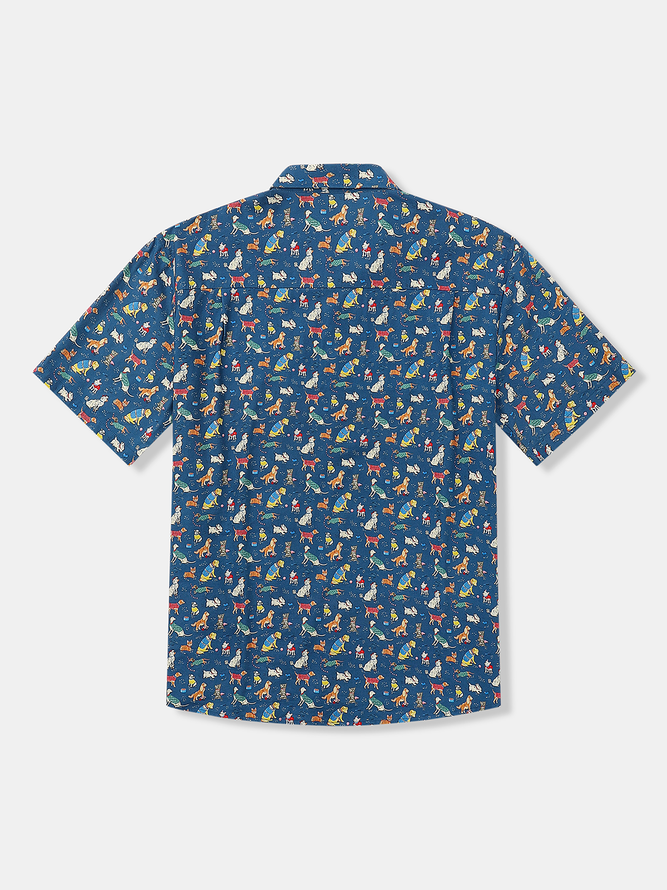 Side view of Summer Dog Vacation Lightweight No Elasticity Vacation Loose Regular H-Line Aloha Shirts for Men