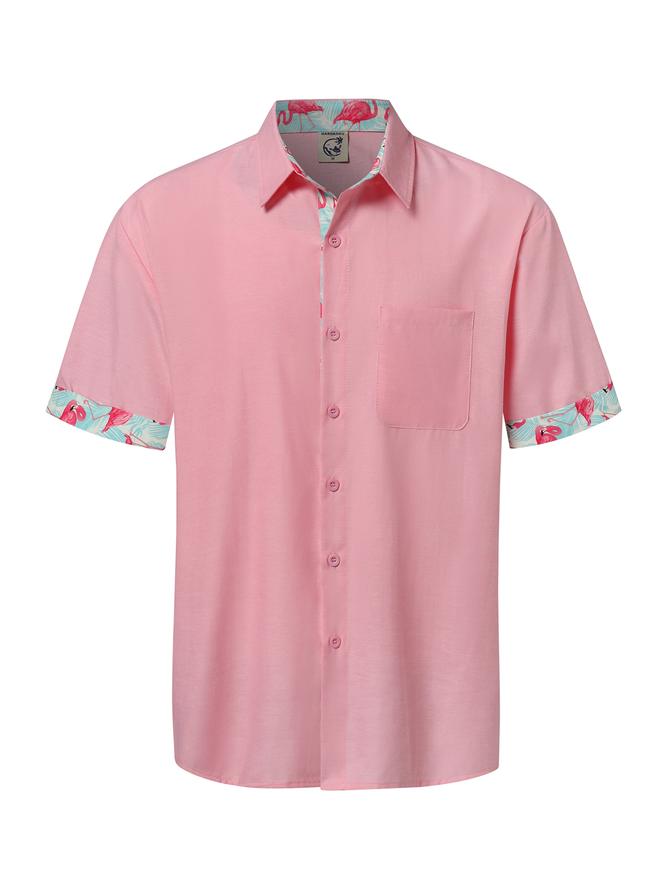 Side view of Casual Summer Flamingo Cotton Natural No Elasticity Buttons Regular Shirt Collar Aloha Shirts for Men