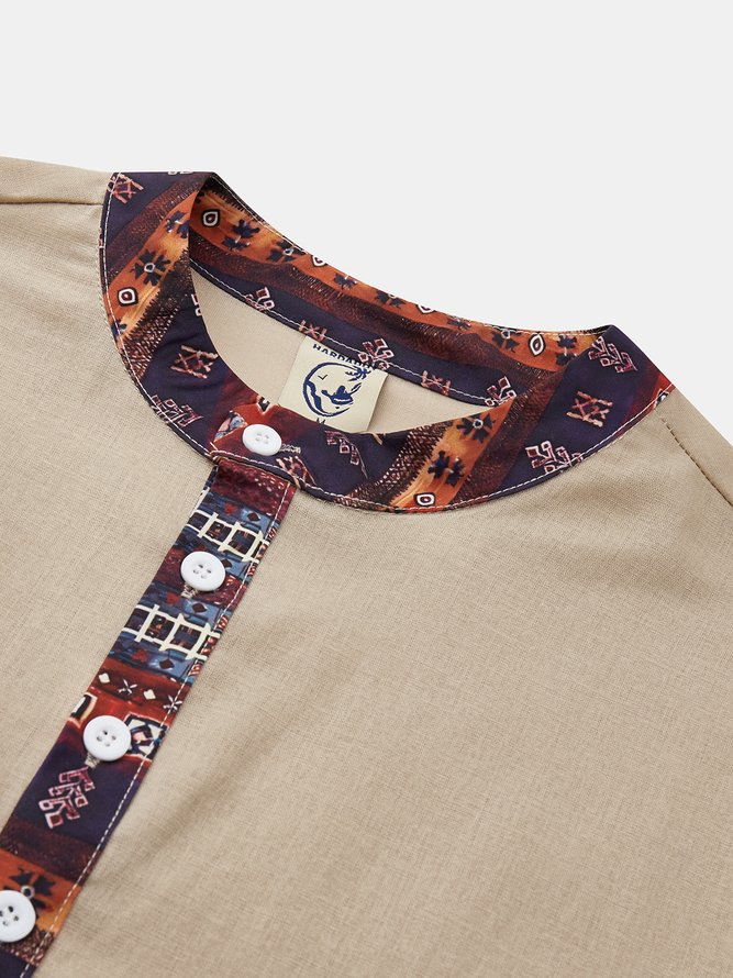 Side view of Men Casual Ethnic Spring/Fall Stand Collar No Elasticity Loose Long Sleeve Regular H-Line Aloha Shirts