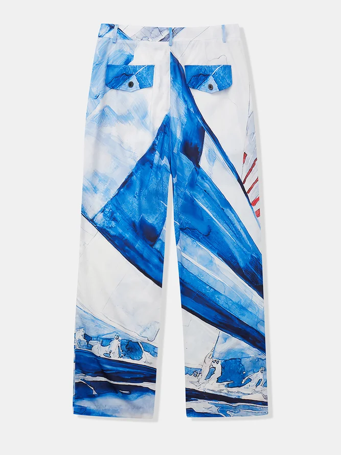 Side view of Men Casual Abstract Spring/Fall Polyester Natural No Elasticity Wide leg pants Long Regular Pants