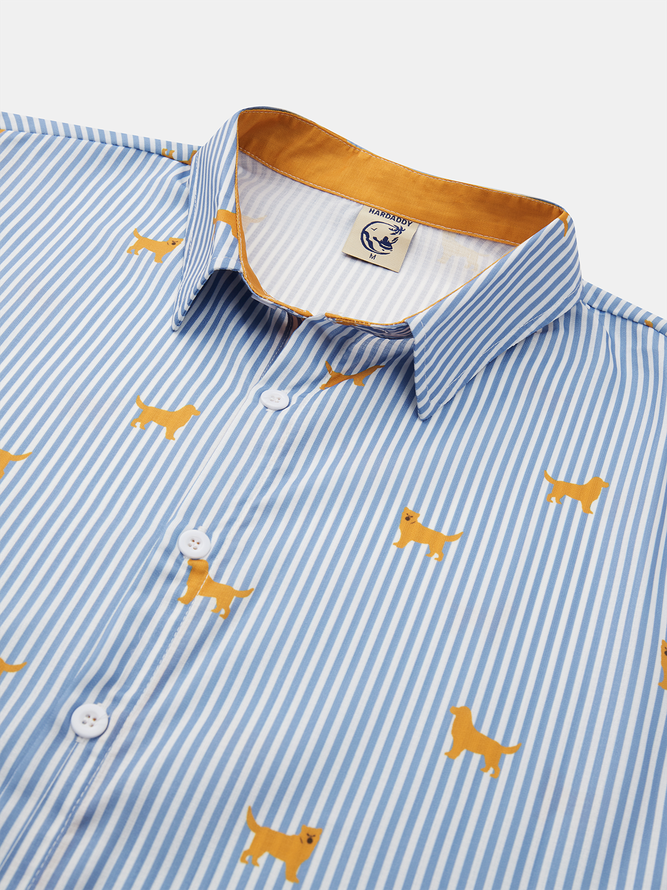 Side view of Men Color Block Casual Spring/Fall Polyester Natural Commuting Long Sleeve H-Line Regular Aloha Shirts