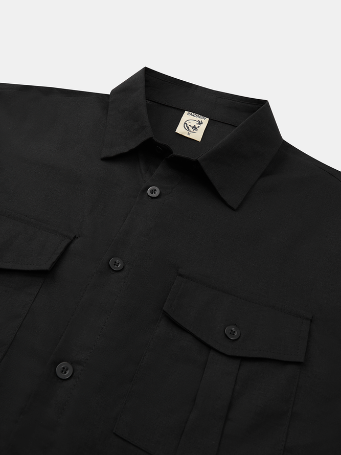 Side view of Casual Plain Spring/Fall Natural No Elasticity Commuting Long Sleeve Cotton Shirt Collar Aloha Shirts for Men