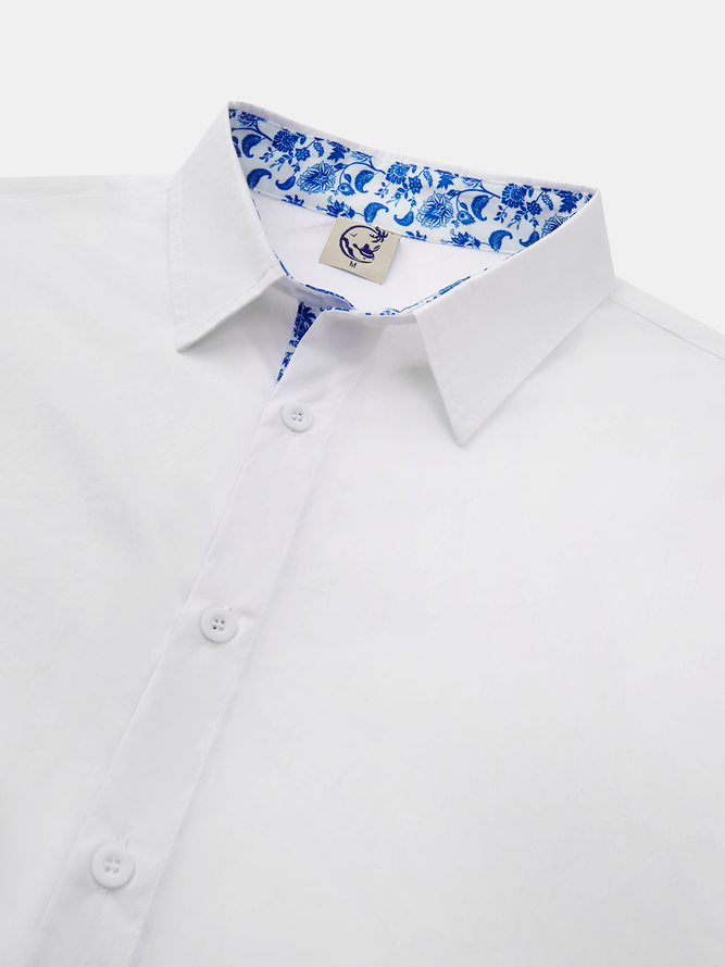 Side view of Men Casual Plain Spring/Fall Natural No Elasticity Long Sleeve Cotton Regular Regular Aloha Shirts