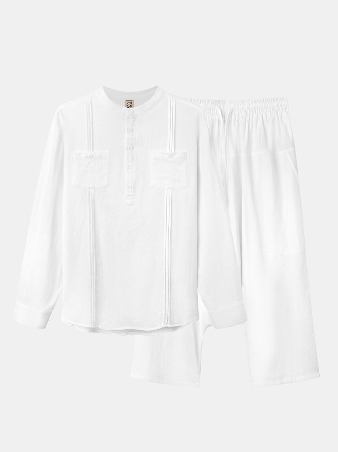 Side view of Men Plain Summer Vacation Natural Moisture Permeability Short Sleeve Cotton Regular Half Open Collar Guayabera Shirts