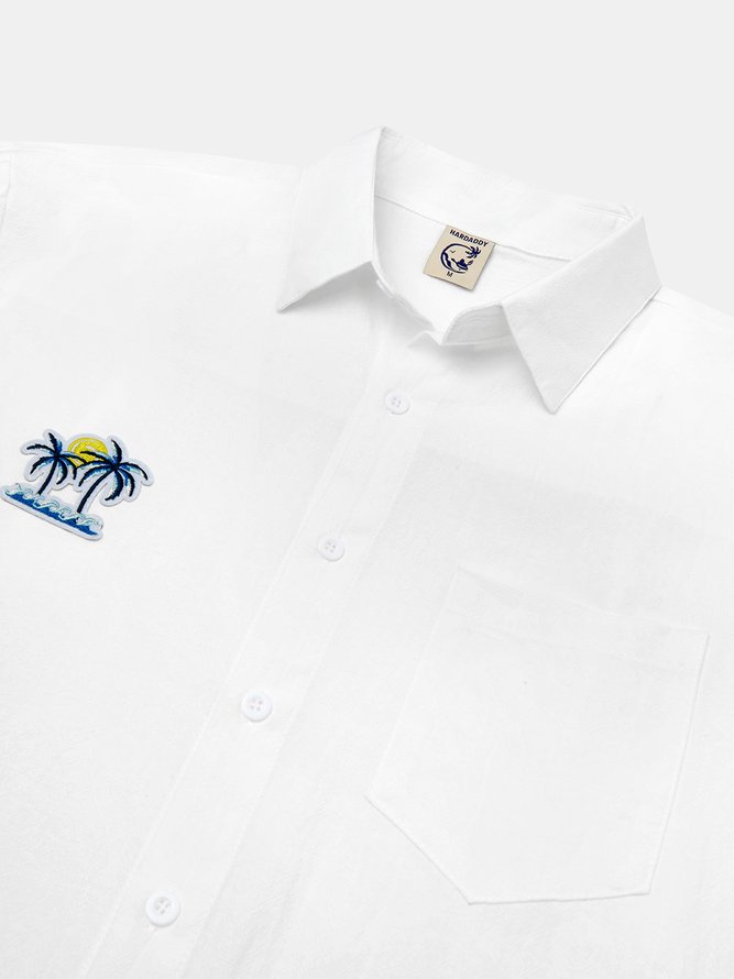 Side view of Men Casual Summer Coconut Tree Natural No Elasticity Loose Short Sleeve Regular Regular Aloha Shirts