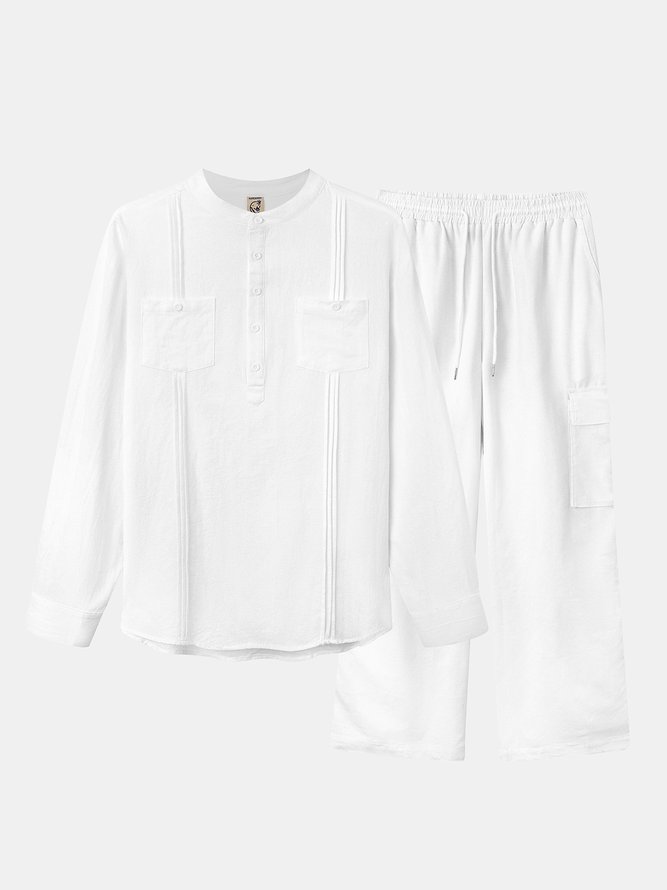 Side view of Men Plain Summer Vacation Natural Moisture Permeability Short Sleeve Cotton Regular Half Open Collar Guayabera Shirts
