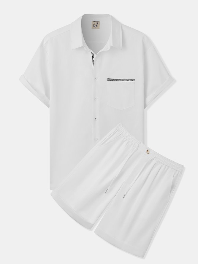 Side view of Men Plain Summer Vacation Commuting Loose Short Sleeve Regular Regular Shirt Collar Aloha Shirts