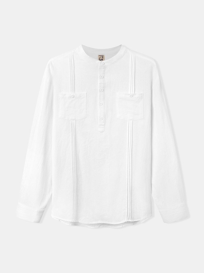 Side view of Men Plain Summer Vacation Natural Moisture Permeability Short Sleeve Cotton Regular Half Open Collar Guayabera Shirts