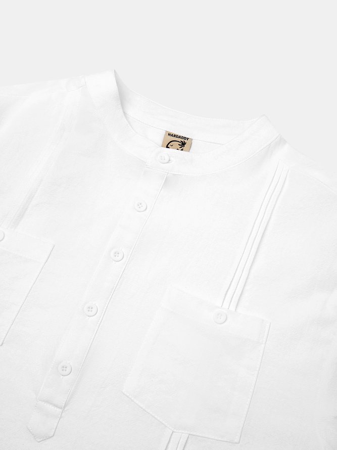 Side view of Men Plain Summer Vacation Natural Moisture Permeability Short Sleeve Cotton Regular Half Open Collar Guayabera Shirts