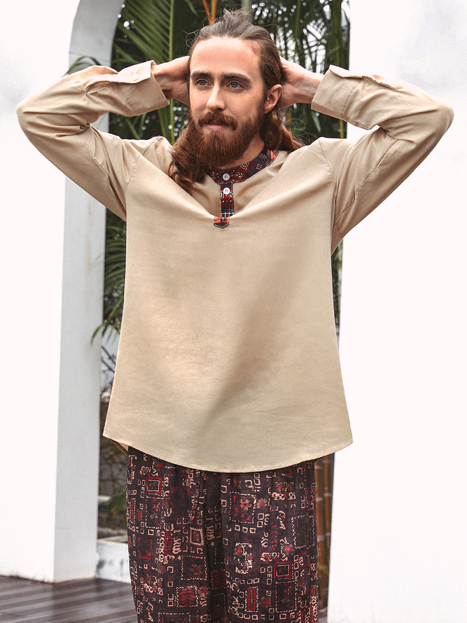 Side view of Men Casual Ethnic Spring/Fall Stand Collar No Elasticity Loose Long Sleeve Regular H-Line Aloha Shirts