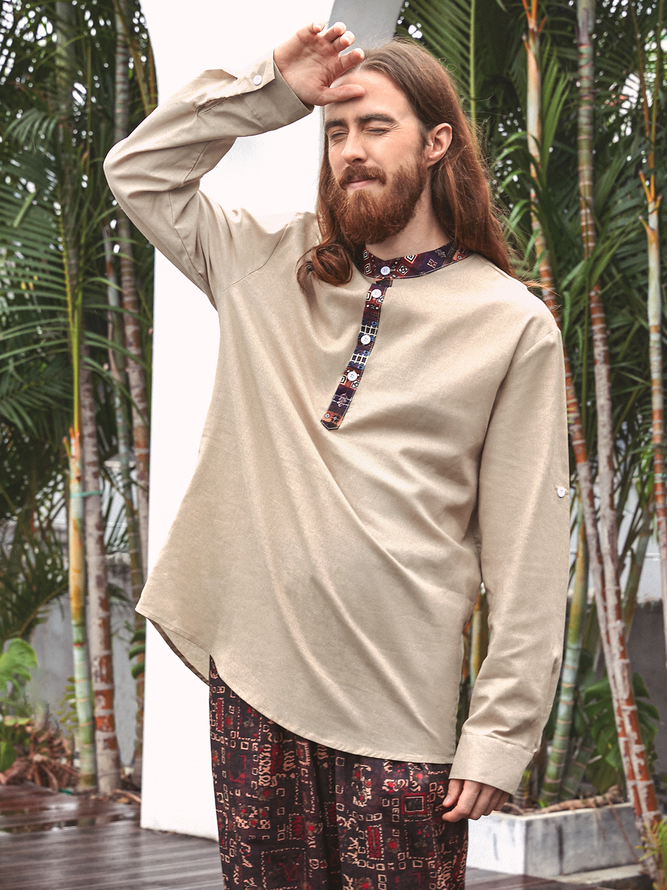 Side view of Men Casual Ethnic Spring/Fall Stand Collar No Elasticity Loose Long Sleeve Regular H-Line Aloha Shirts
