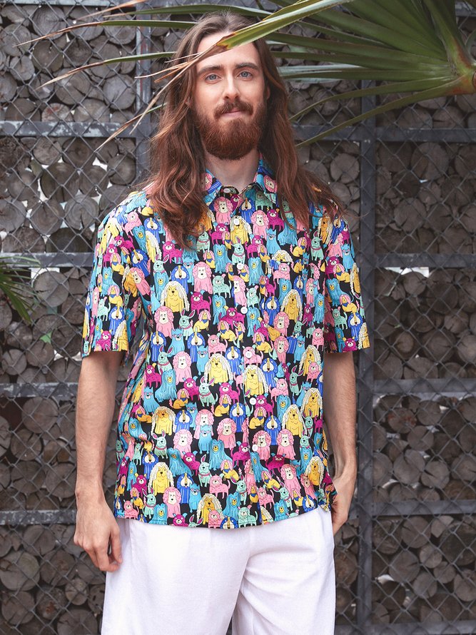 Side view of Men Casual Dog Summer Rayon Natural Breathable Commuting Buttons Regular Aloha Shirts