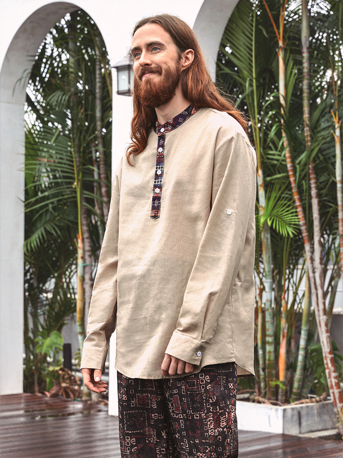 Side view of Men Casual Ethnic Spring/Fall Stand Collar No Elasticity Loose Long Sleeve Regular H-Line Aloha Shirts