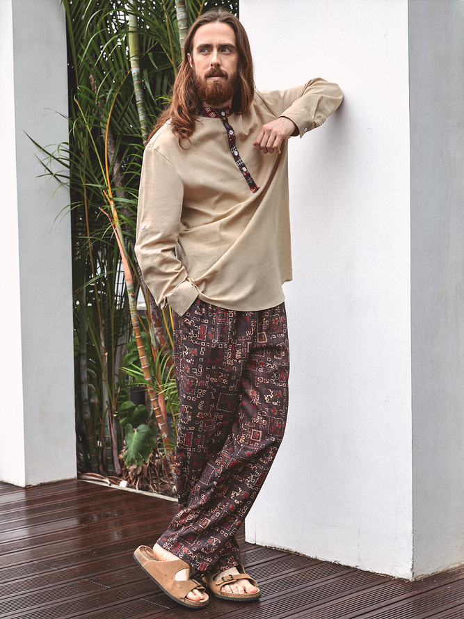 Side view of Men Casual Ethnic Spring/Fall Stand Collar No Elasticity Loose Long Sleeve Regular H-Line Aloha Shirts