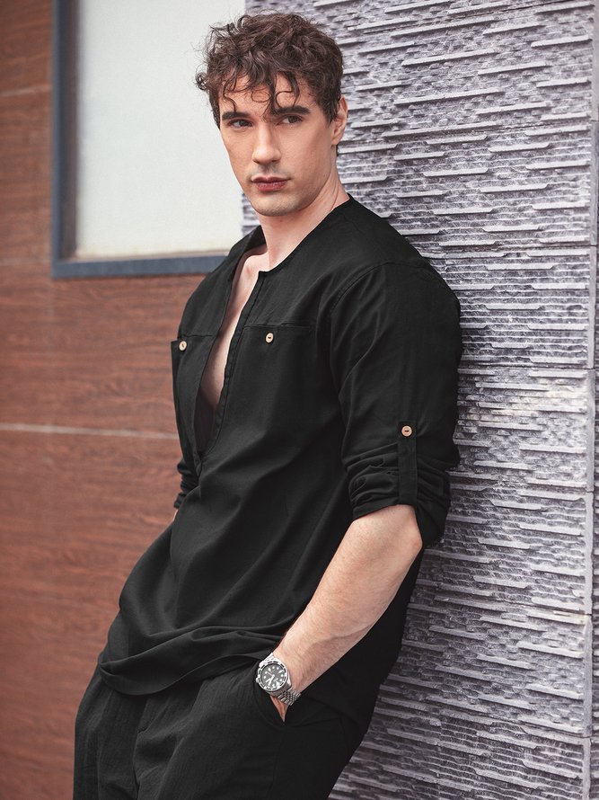 Men Casual Plain Spring/Fall No Elasticity Daily Loose Cotton Regular Regular Aloha Shirts-image-16621020