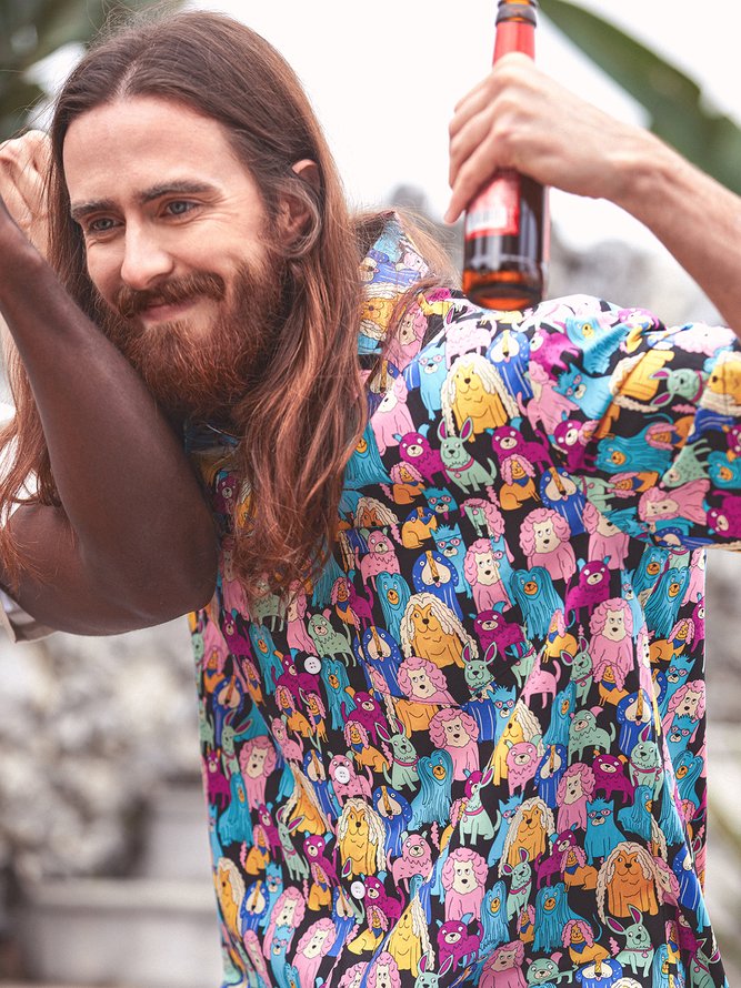 Side view of Men Casual Dog Summer Rayon Natural Breathable Commuting Buttons Regular Aloha Shirts
