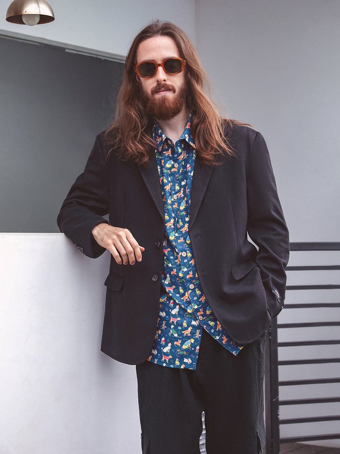 Side view of Summer Dog Vacation Lightweight No Elasticity Vacation Loose Regular H-Line Aloha Shirts for Men