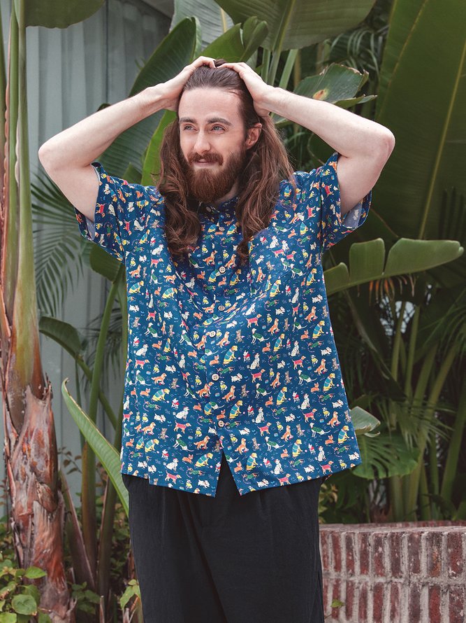 Side view of Summer Dog Vacation Lightweight No Elasticity Vacation Loose Regular H-Line Aloha Shirts for Men