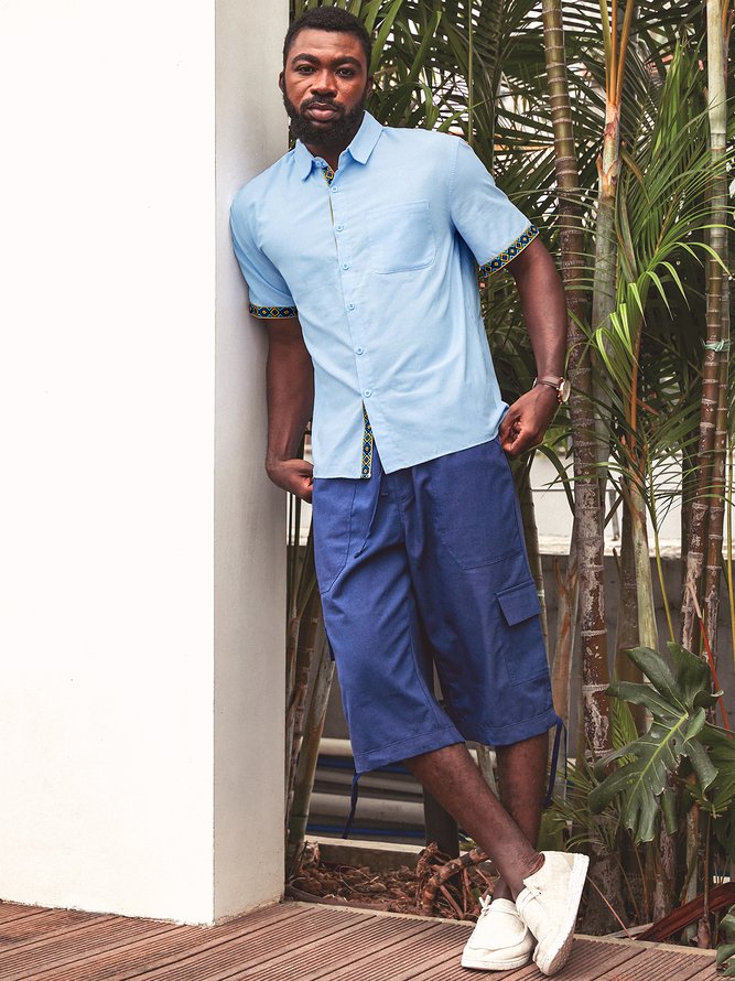 Side view of Men Geometric Summer Vacation Natural Micro-Elasticity Loose Short Sleeve H-Line Shirt Collar Aloha Shirts