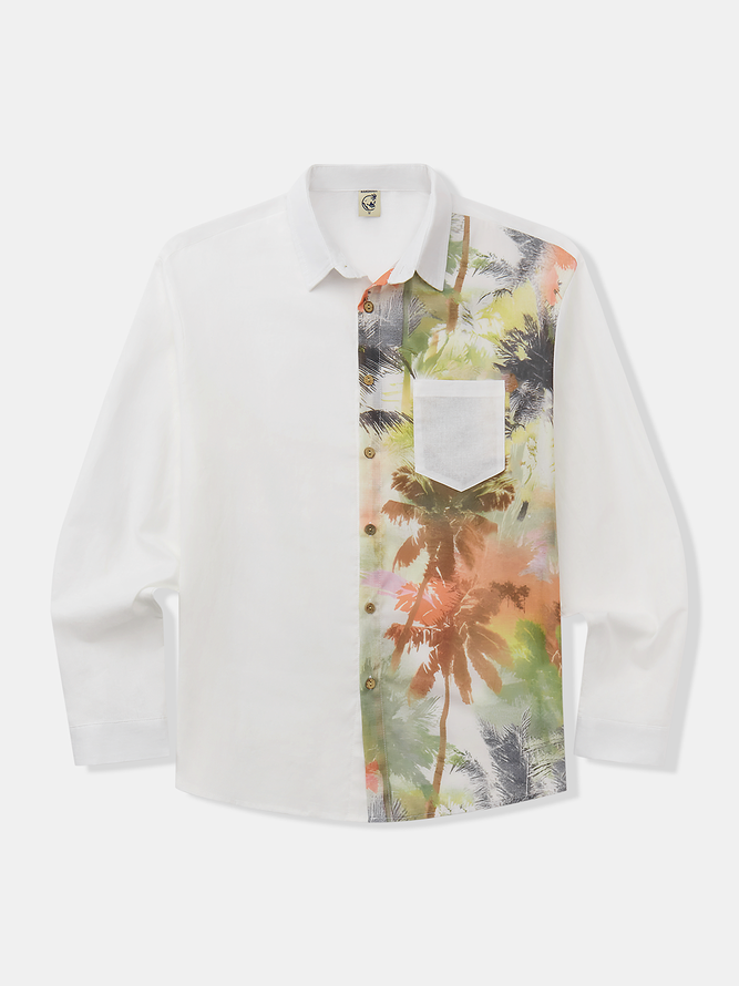 Side view of Men Casual Plain Spring/Fall Natural Party Loose Long Sleeve Regular H-Line Aloha Shirts
