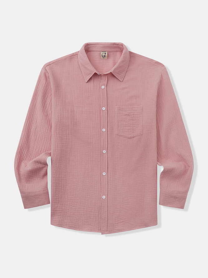 Side view of Men Casual Plain Spring/Fall Cotton Natural No Elasticity Breathable Loose H-Line Aloha Shirts
