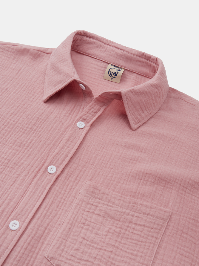 Side view of Men Casual Plain Spring/Fall Cotton Natural No Elasticity Breathable Loose H-Line Aloha Shirts