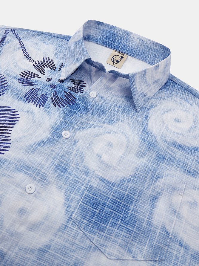 Side view of Casual Floral Spring/Fall Natural No Elasticity Loose H-Line Regular Shirt Collar Aloha Shirts for Men