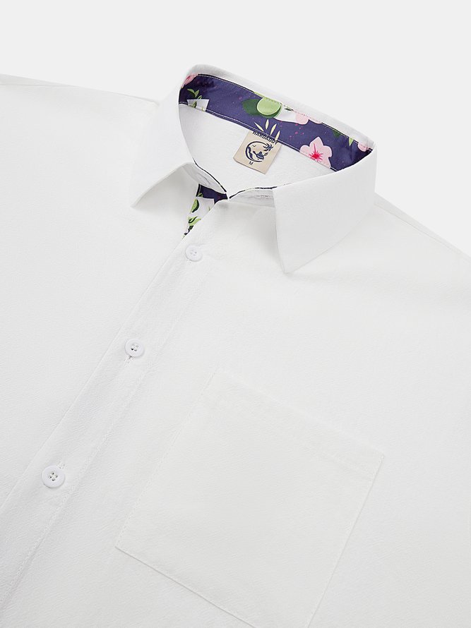Side view of Men Casual Color Block Spring/Fall Natural Breathable Commuting Long Sleeve H-Line Shirt Collar Aloha Shirts