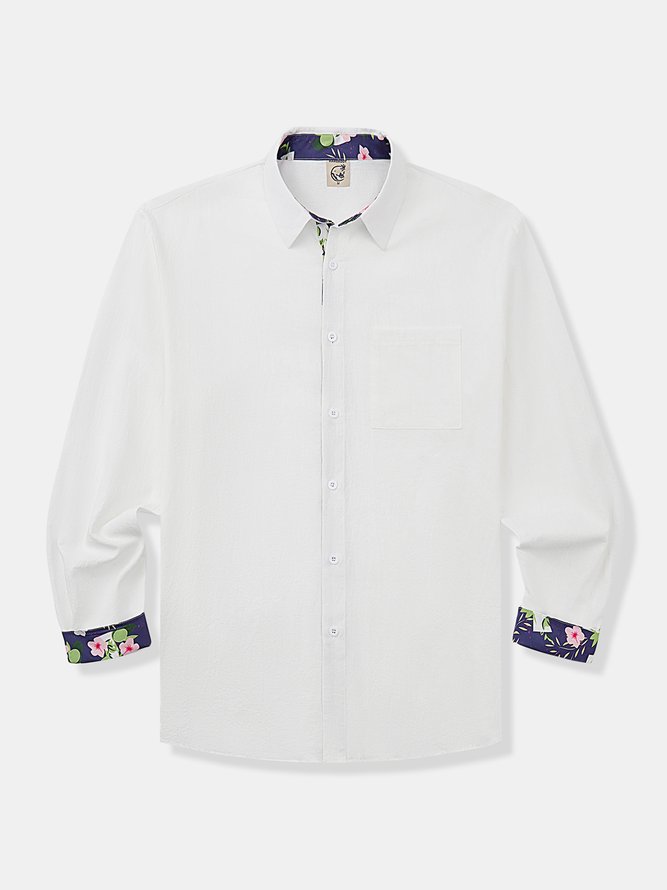Side view of Men Casual Color Block Spring/Fall Natural Breathable Commuting Long Sleeve H-Line Shirt Collar Aloha Shirts