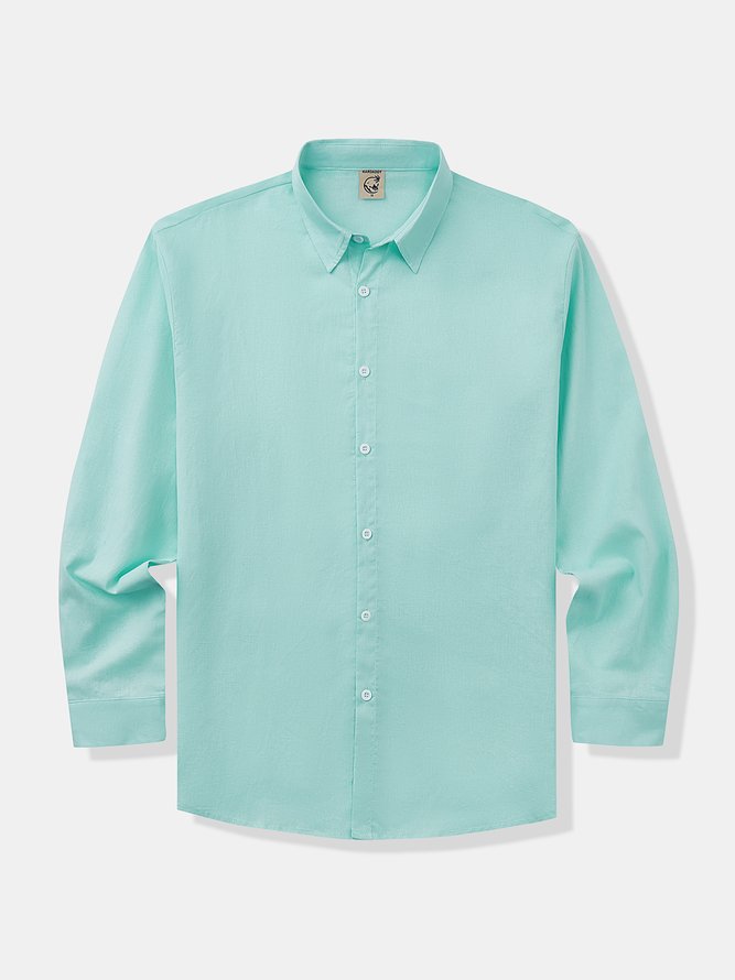 Side view of Men Casual Plain Spring/Fall Natural Moisture Permeability Loose Long Sleeve Regular Shirt Collar Aloha Shirts