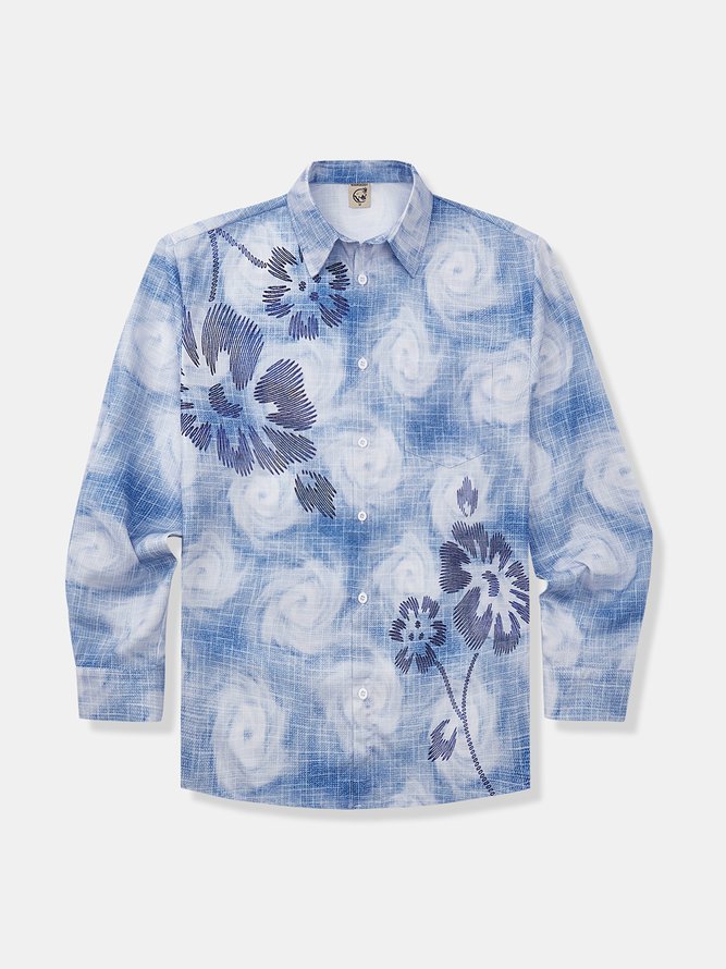 Side view of Casual Floral Spring/Fall Natural No Elasticity Loose H-Line Regular Shirt Collar Aloha Shirts for Men