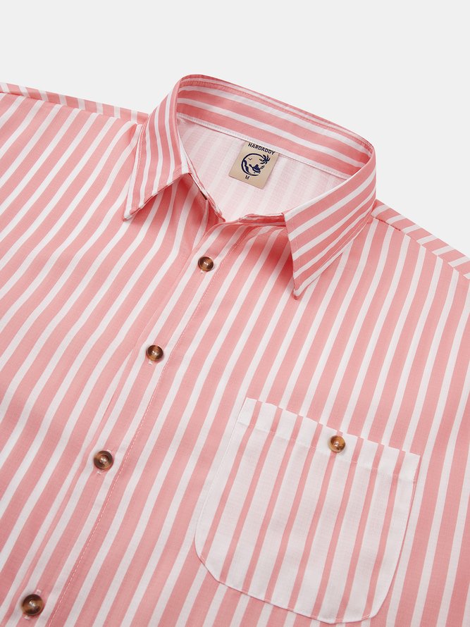 Side view of Men Striped Casual Spring/Fall No Elasticity Long Sleeve Regular H-Line Regular Shirt Collar Aloha Shirts