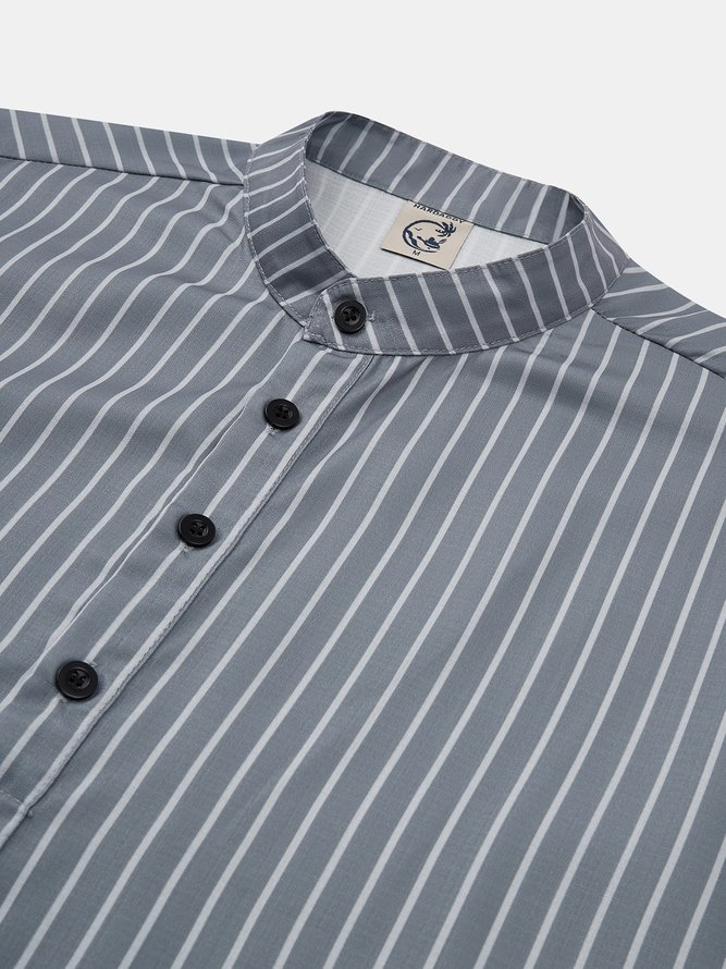 Side view of Men Striped Casual Spring/Fall Natural No Elasticity Long Sleeve Regular H-Line Regular Aloha Shirts