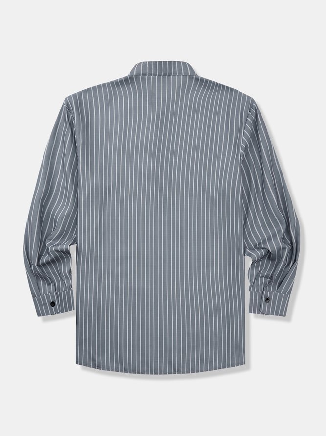 Side view of Men Striped Casual Spring/Fall Natural No Elasticity Long Sleeve Regular H-Line Regular Aloha Shirts
