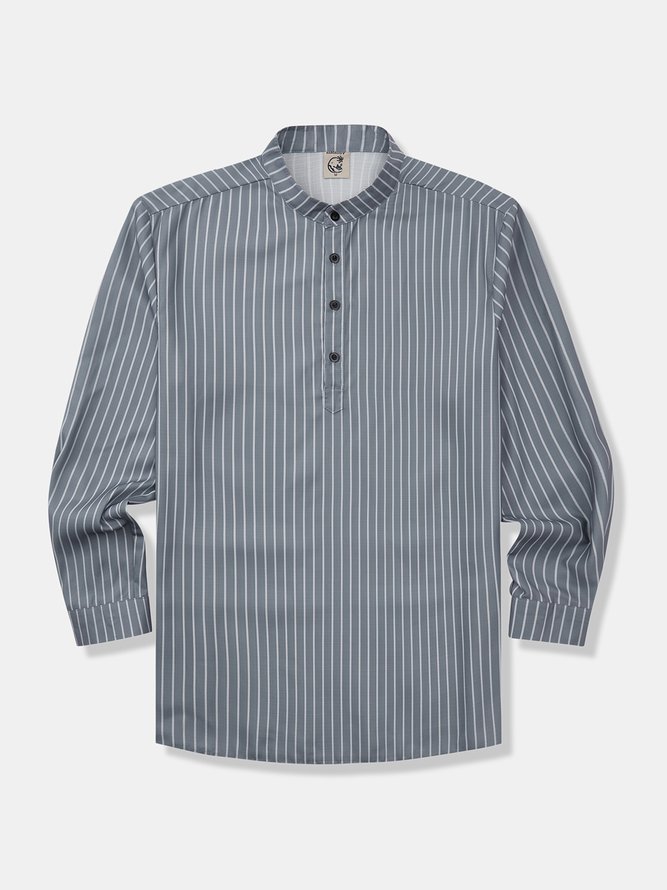 Side view of Men Striped Casual Spring/Fall Natural No Elasticity Long Sleeve Regular H-Line Regular Aloha Shirts