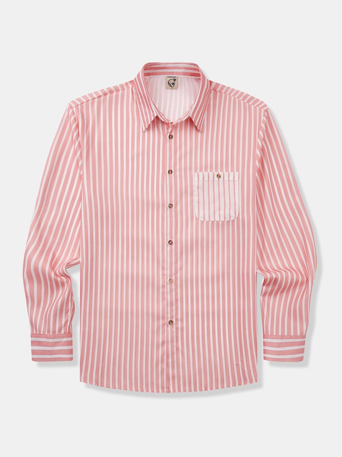 Side view of Men Striped Casual Spring/Fall No Elasticity Long Sleeve Regular H-Line Regular Shirt Collar Aloha Shirts