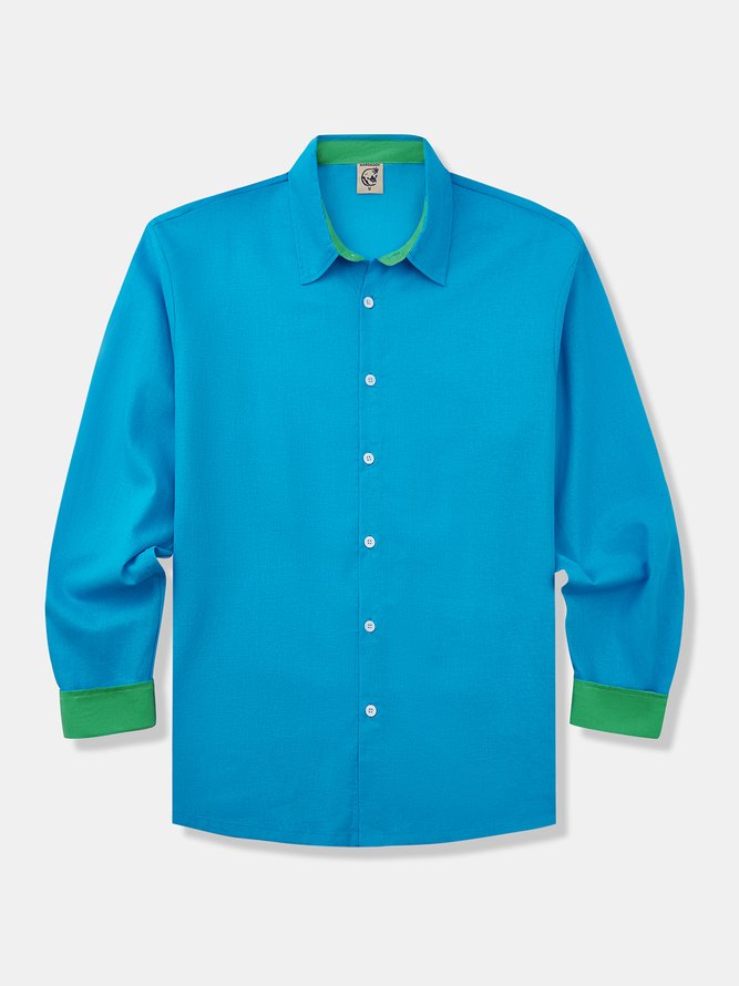 Side view of Men Casual Plain Spring/Fall Natural No Elasticity Moisture Permeability Long Sleeve Cotton Shirt Collar Aloha Shirts