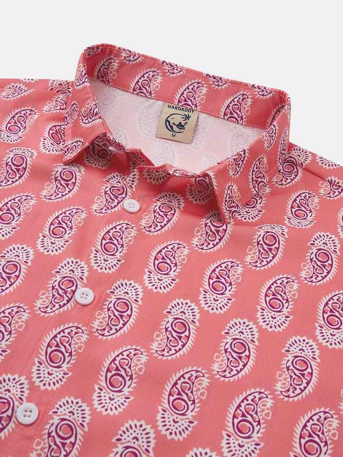 Side view of Men Casual Spring/Fall Cashew flowers Polyester Natural Loose Commuting Long Sleeve Shirt Collar Aloha Shirts