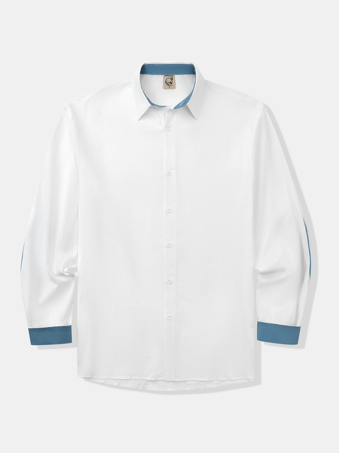 Side view of Men Casual Contrast Stitching Spring/Fall No Elasticity Household Loose Long Sleeve Regular Shirt Collar Aloha Shirts