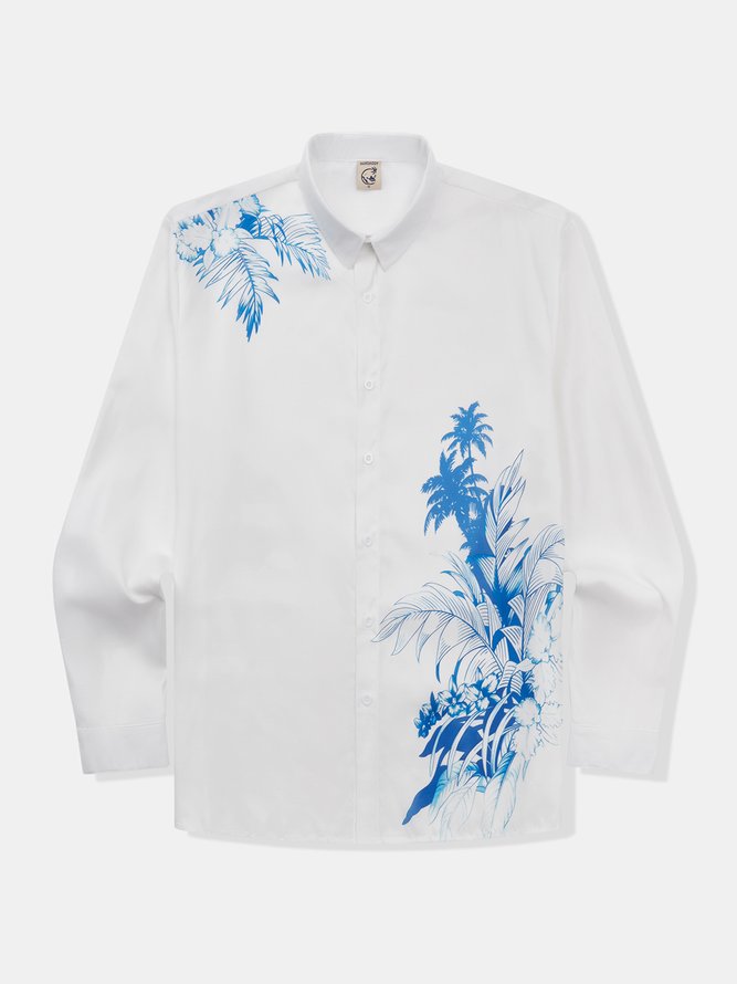 Side view of Casual Spring/Fall Plants Polyester Loose Commuting Long Sleeve Regular Shirt Collar Aloha Shirts for Men