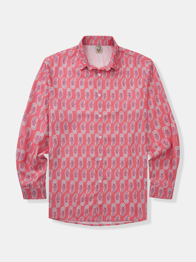 Side view of Men Casual Spring/Fall Cashew flowers Polyester Natural Loose Commuting Long Sleeve Shirt Collar Aloha Shirts