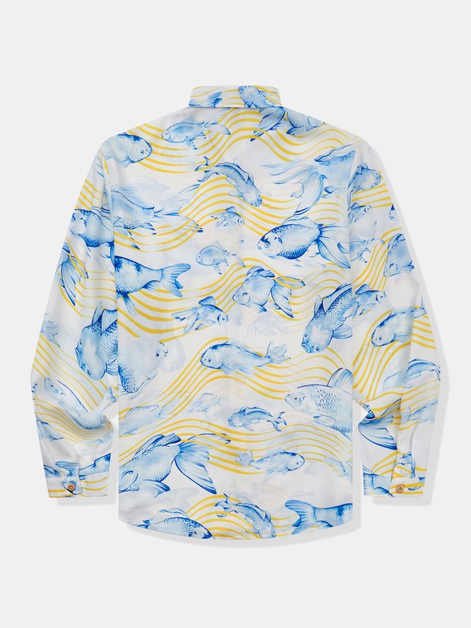 Side view of Men Spring/Fall Fish Vacation No Elasticity Commuting Loose Long Sleeve H-Line Shirt Collar Aloha Shirts