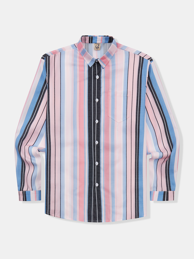 Side view of Men Striped Casual Spring/Fall Polyester Natural Commuting Long Sleeve H-Line Regular Aloha Shirts
