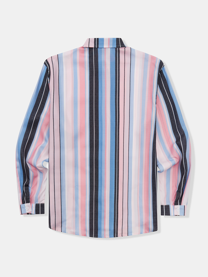 Side view of Men Striped Casual Spring/Fall Polyester Natural Commuting Long Sleeve H-Line Regular Aloha Shirts
