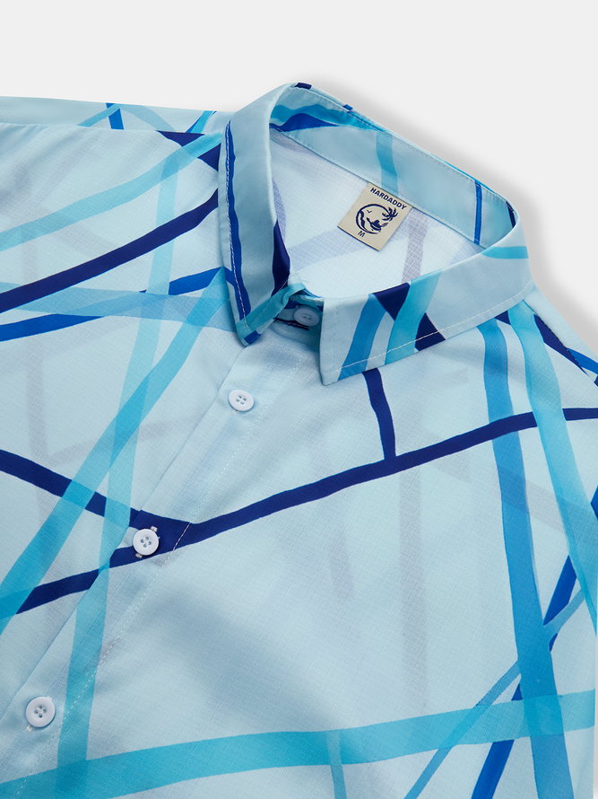 Side view of Men Striped Casual Spring/Fall Polyester Natural Household Loose Long Sleeve Regular Aloha Shirts