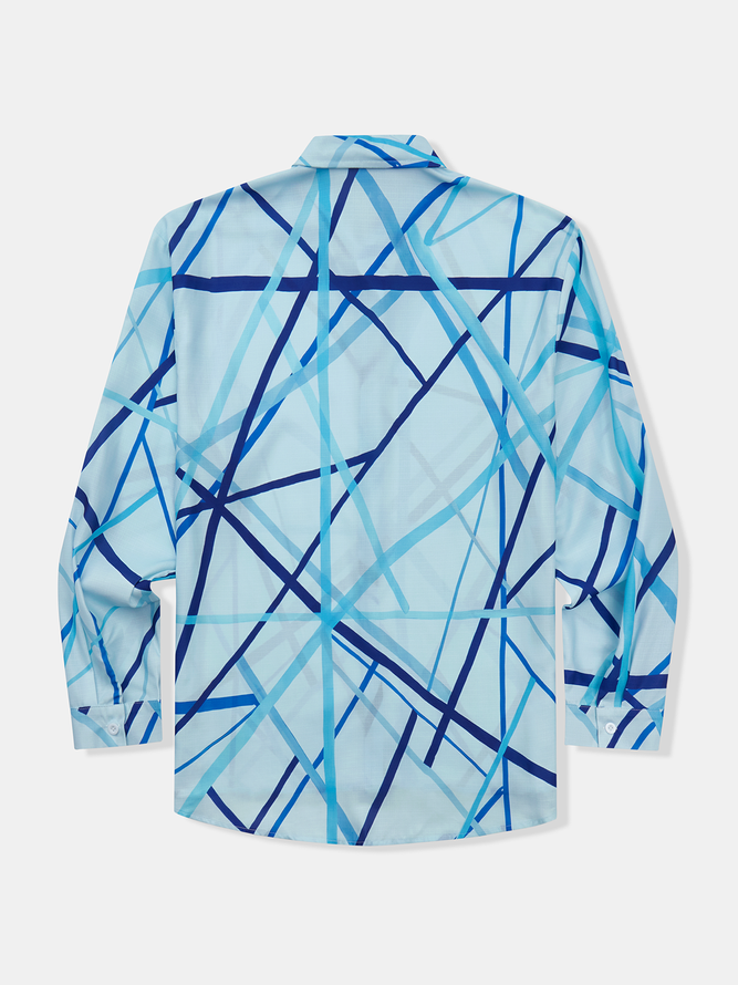 Side view of Men Striped Casual Spring/Fall Polyester Natural Household Loose Long Sleeve Regular Aloha Shirts