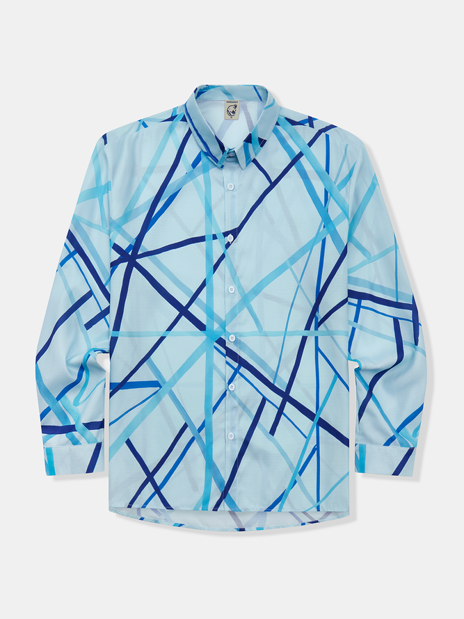 Side view of Men Striped Casual Spring/Fall Polyester Natural Household Loose Long Sleeve Regular Aloha Shirts