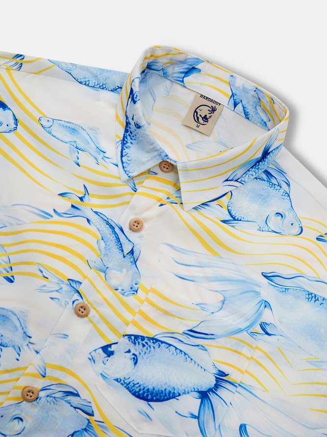 Side view of Men Spring/Fall Fish Vacation No Elasticity Commuting Loose Long Sleeve H-Line Shirt Collar Aloha Shirts