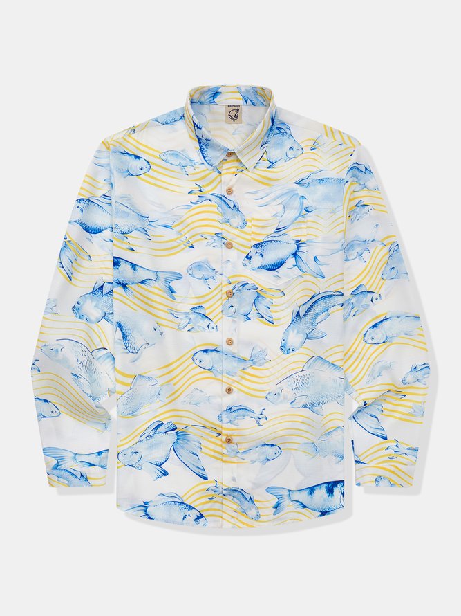 Side view of Men Spring/Fall Fish Vacation No Elasticity Commuting Loose Long Sleeve H-Line Shirt Collar Aloha Shirts