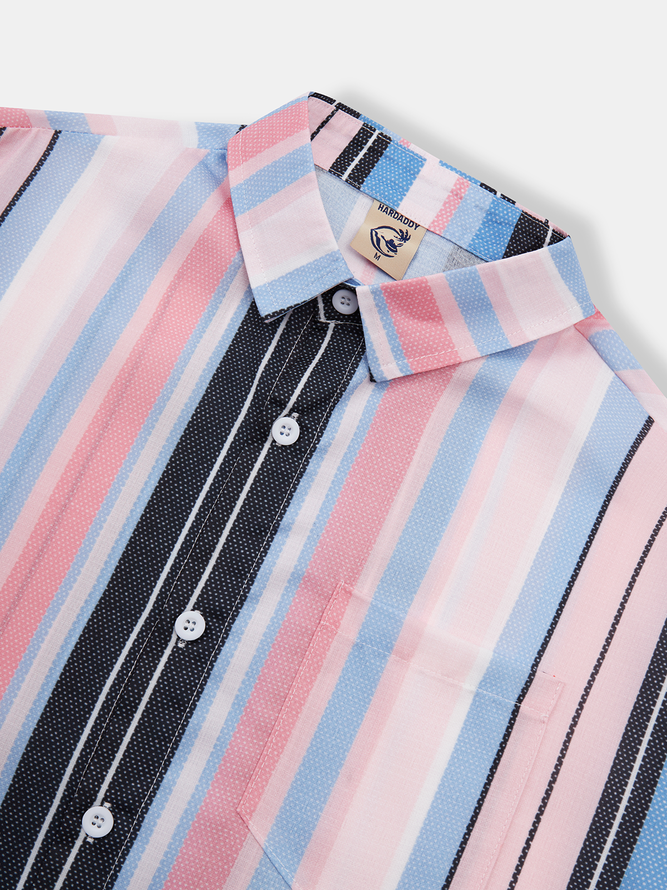 Side view of Men Striped Casual Spring/Fall Polyester Natural Commuting Long Sleeve H-Line Regular Aloha Shirts